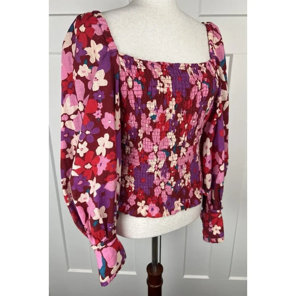 Free People Ariana Smocked Floral Top M Pink Red Balloon Sleeve Cottagecore